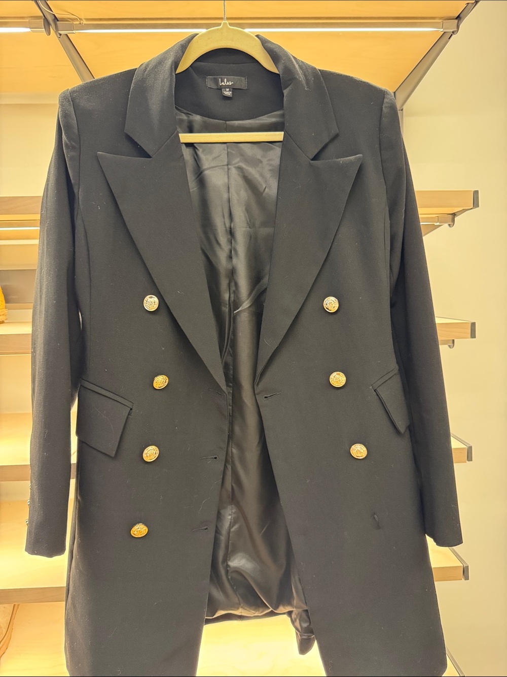 Lulu's Black Double-Breasted Blazer with Gold Buttons